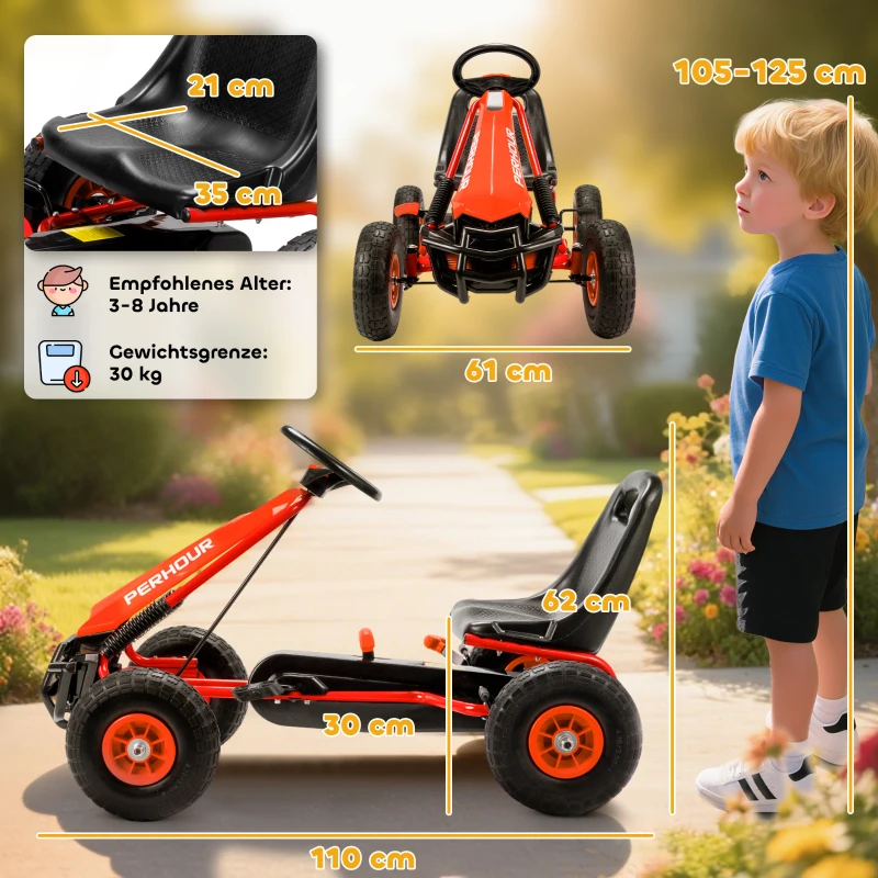 AIYAPLAY | Go Kart, Trap Skelter, in hoogte verstelbare zitting, EVA-wielen, rem, koppeling, 3-8 jaar, Rood - Afbeelding 3
