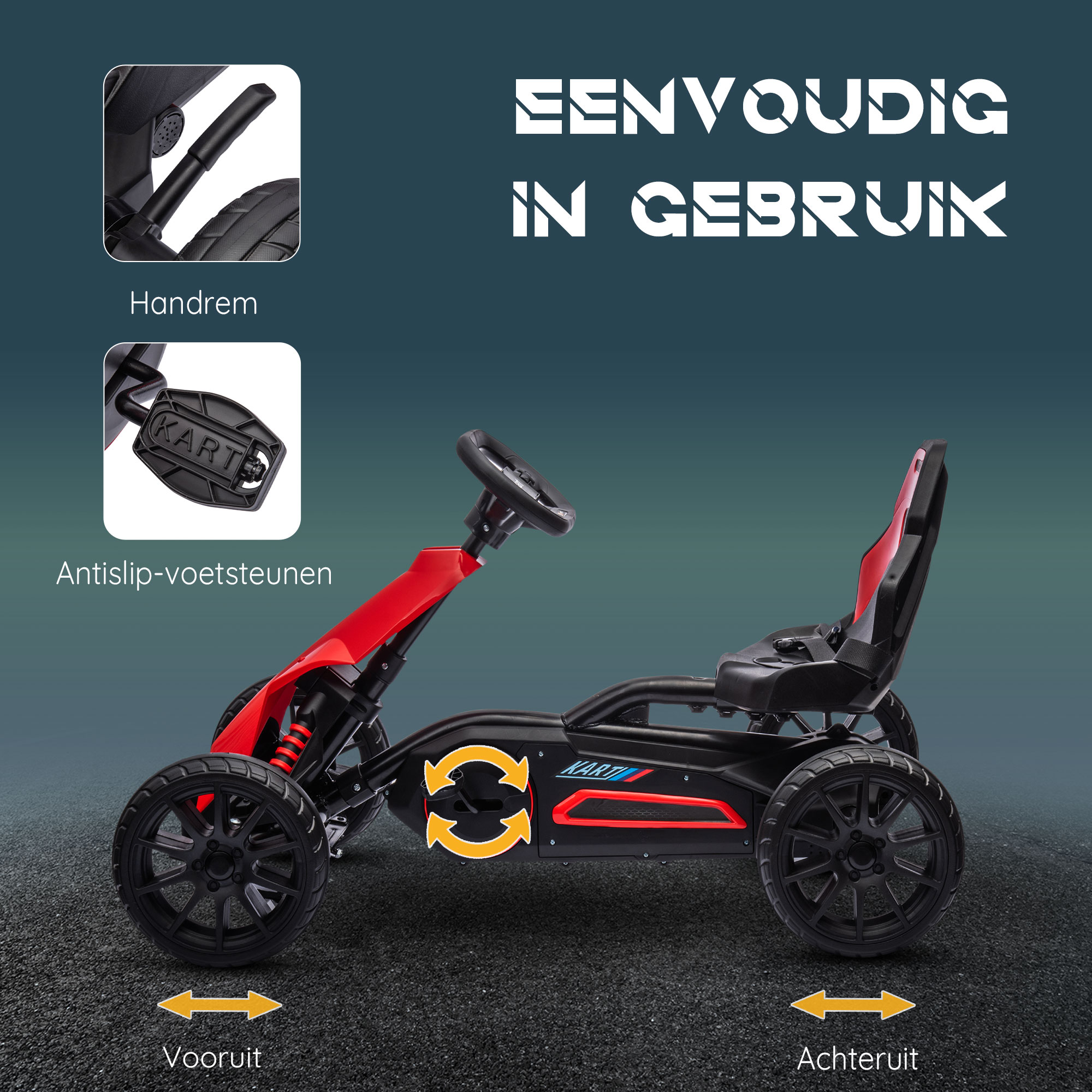 HOMCOM | Go Kart, Trap Skelter met handrem, 3-8 jaar, Rood+Zwart - Afbeelding 5
